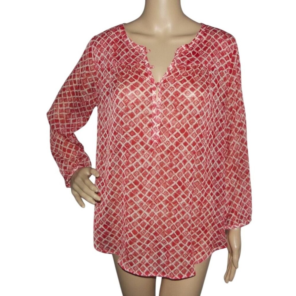 Lucky Brand Blouse Womens Medium Red Geo Print Peasant boho pullover crew v-neck